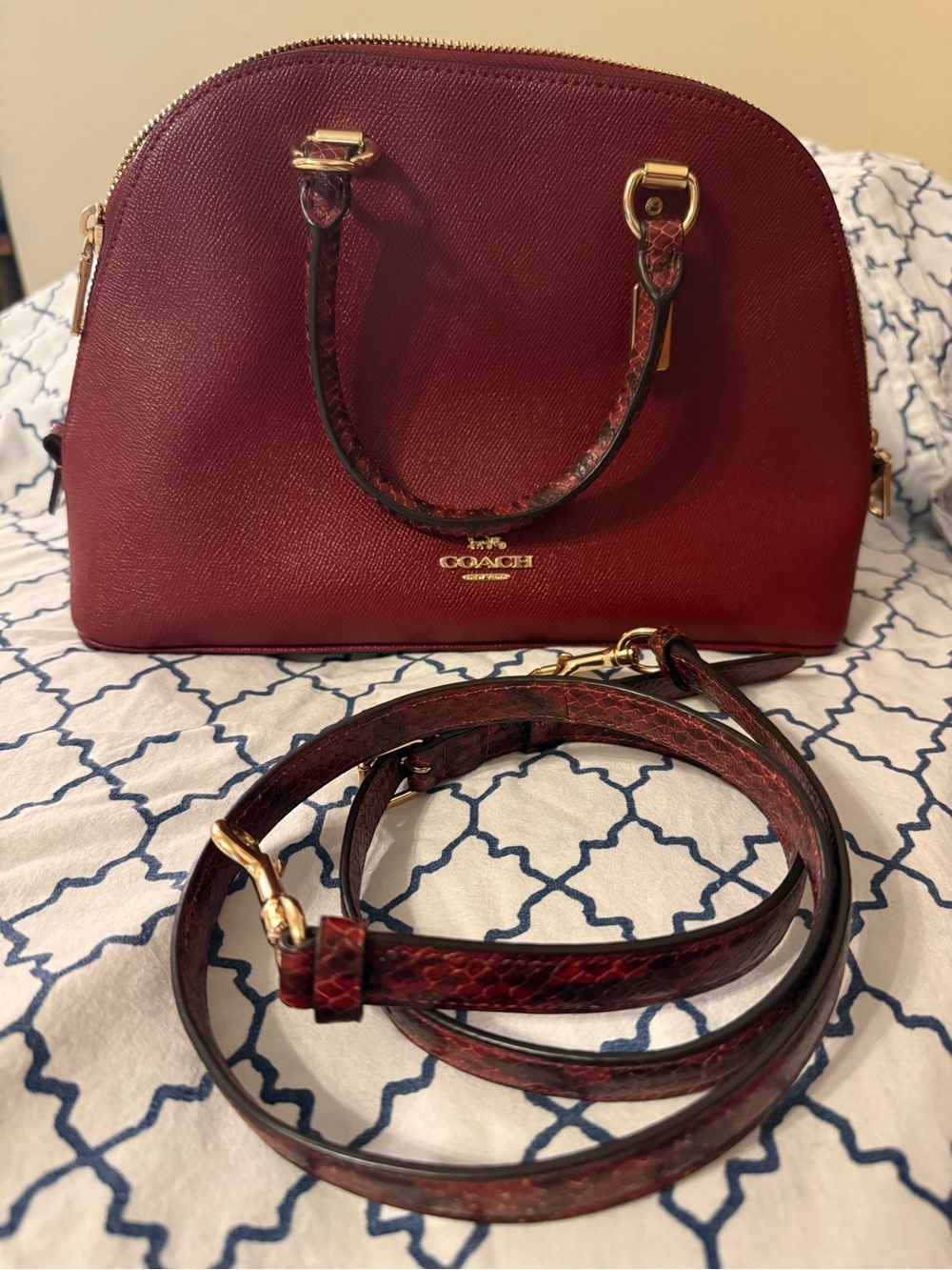 Coach Katy Satchel C5832 Burgundy Cherry Multi Snake Embossed Leather Crossbody